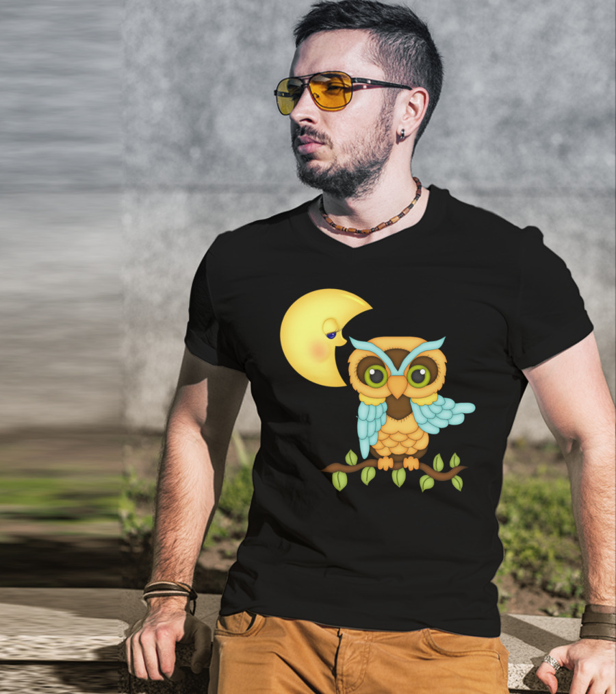 Owl Sitting On Branch With Smiling Crescent Moon T-Shirt