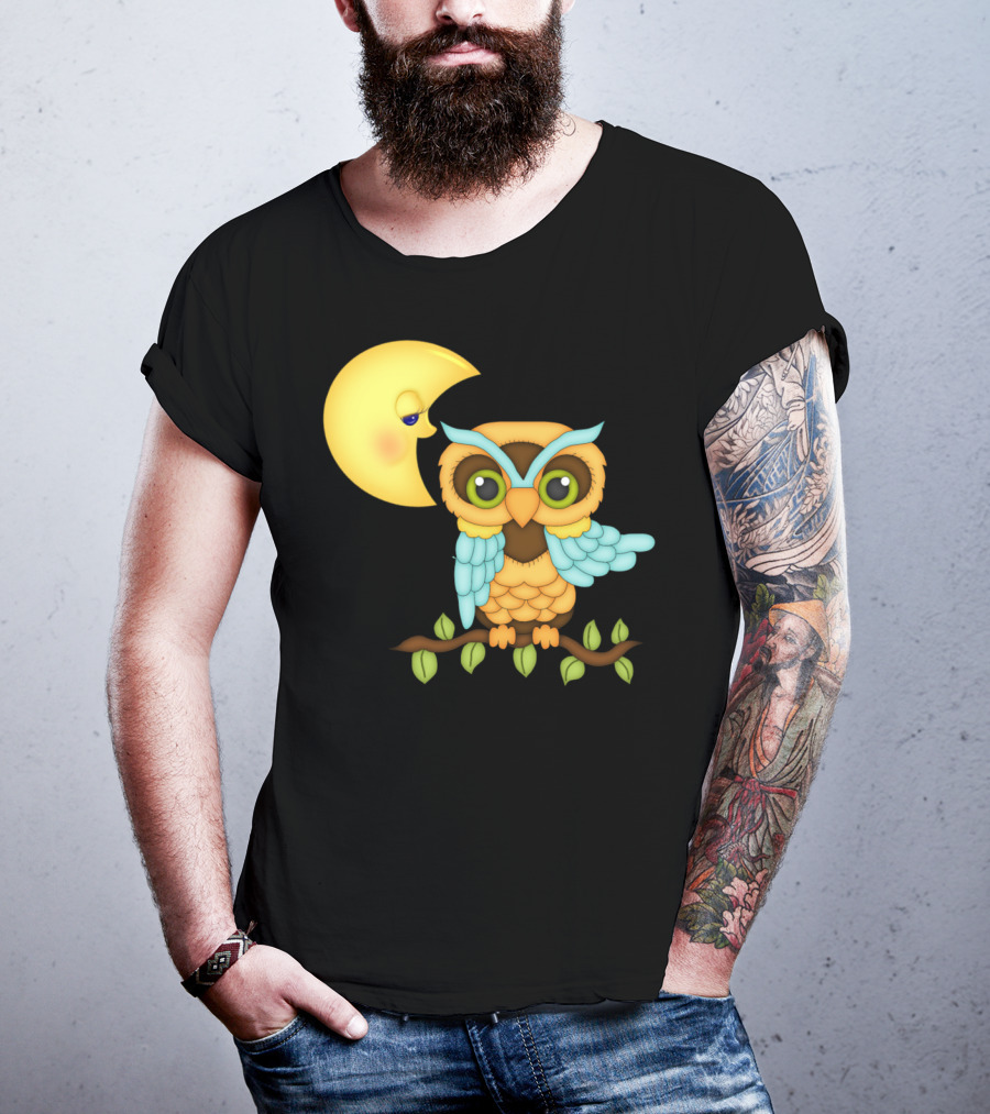 Owl Sitting On Branch With Smiling Crescent Moon T-Shirt