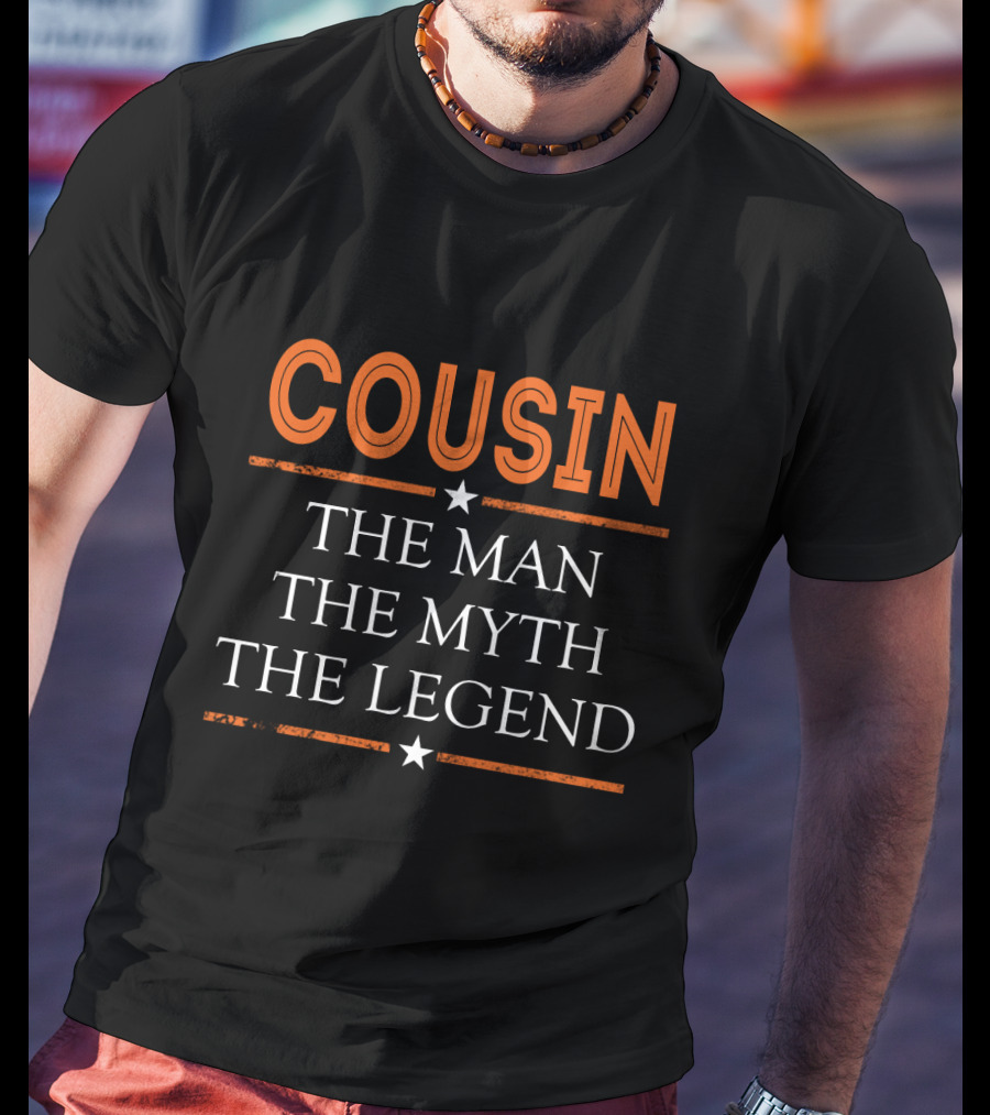 COUSIN THE MAN THE MYTH THE LEGEND Bold Orange White Star Accents T-Shirt