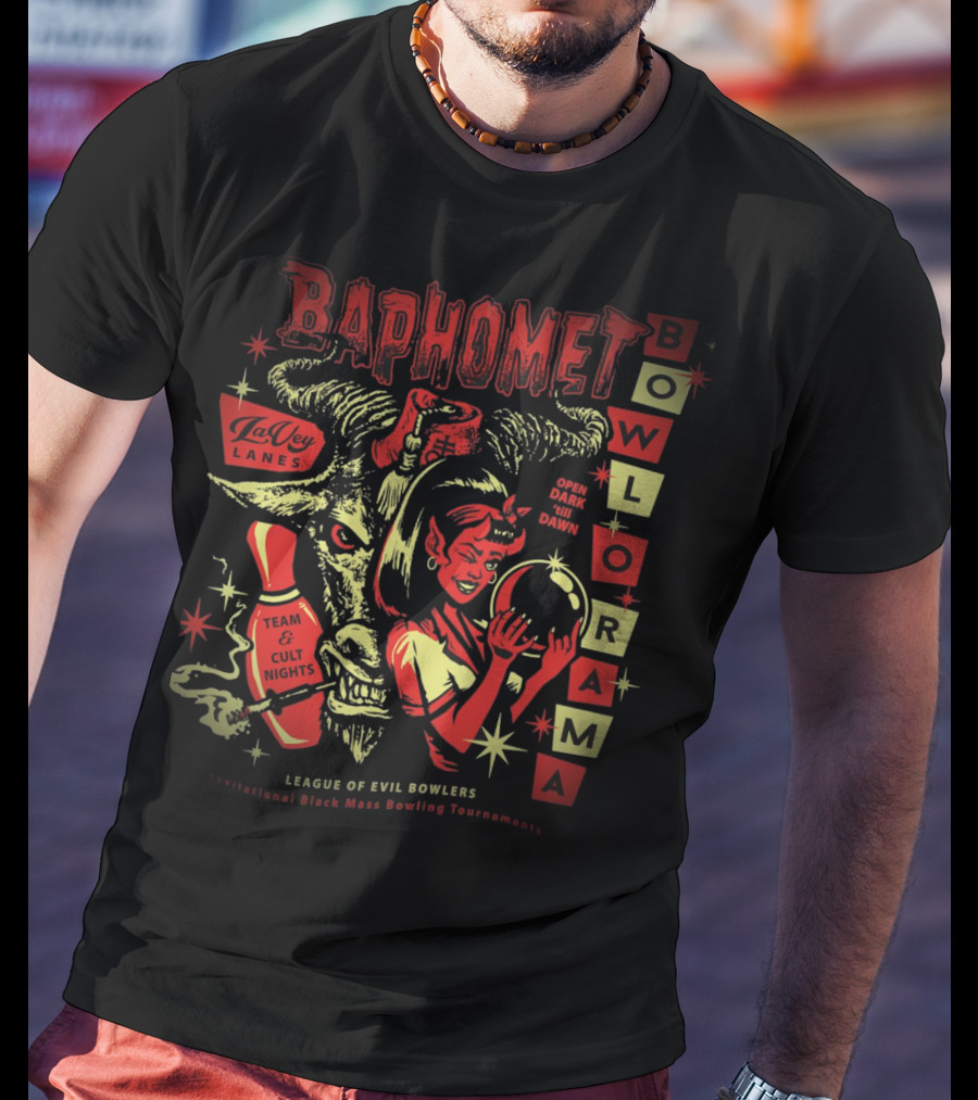 Baphomet Bowlorama LaVey Lanes Team Cult Nights Evil Bowlers All-Night Black Mass Tournament T-Shirt