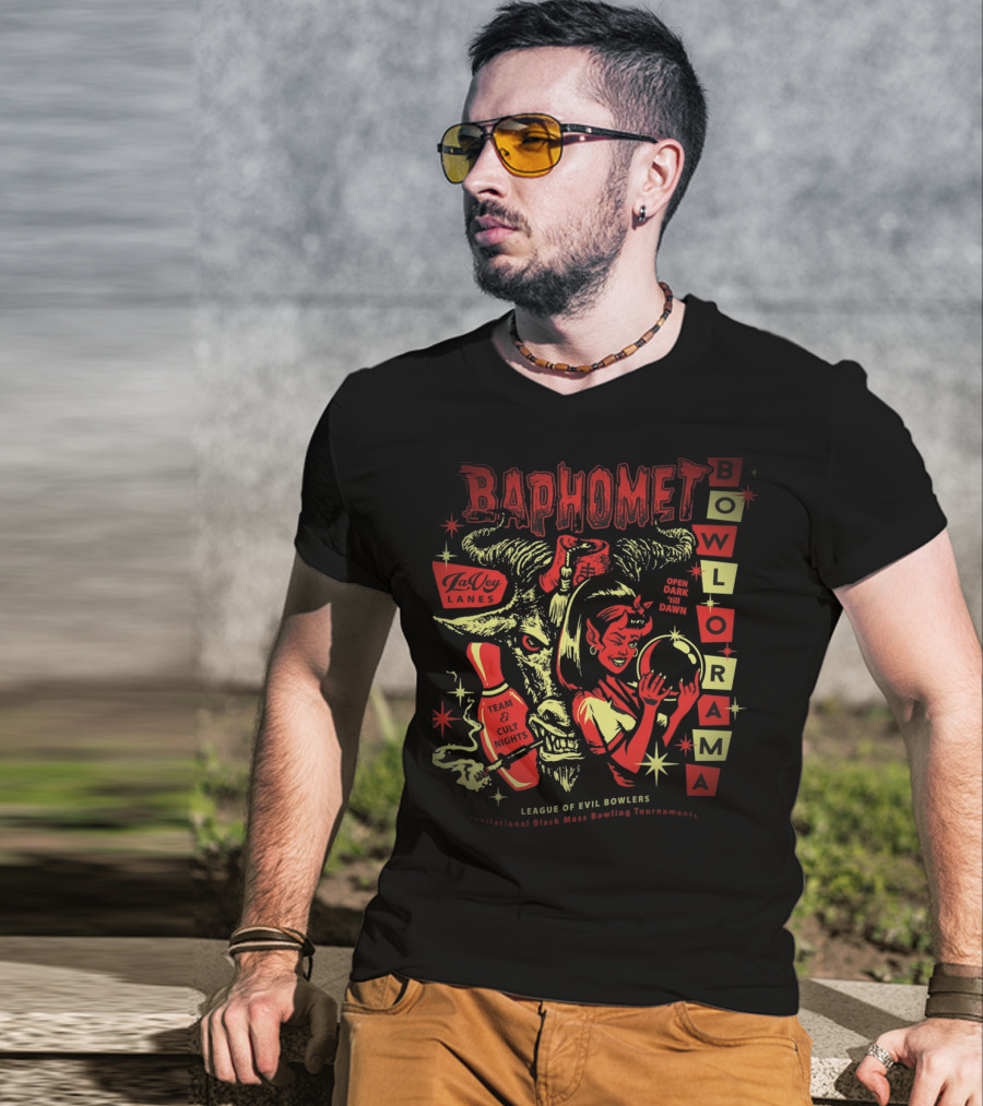 Baphomet Bowlorama LaVey Lanes Team Cult Nights Evil Bowlers All-Night Black Mass Tournament T-Shirt