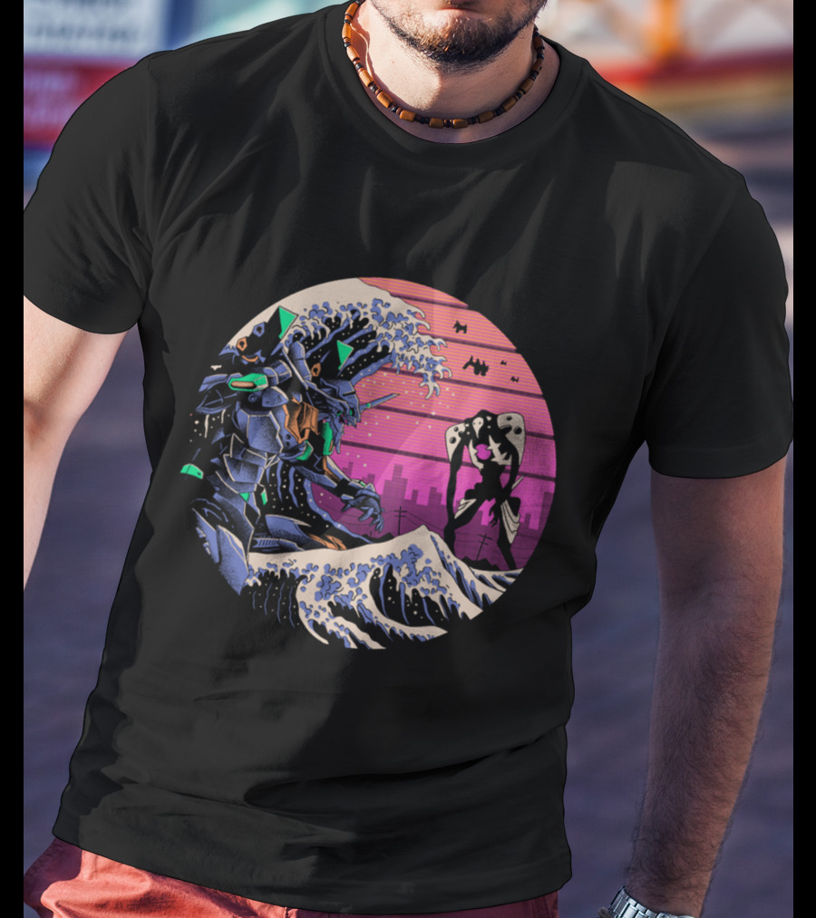 Neon Genesis Evangelion Retro Wave Style Giant Mecha Ocean Scene T-Shirt