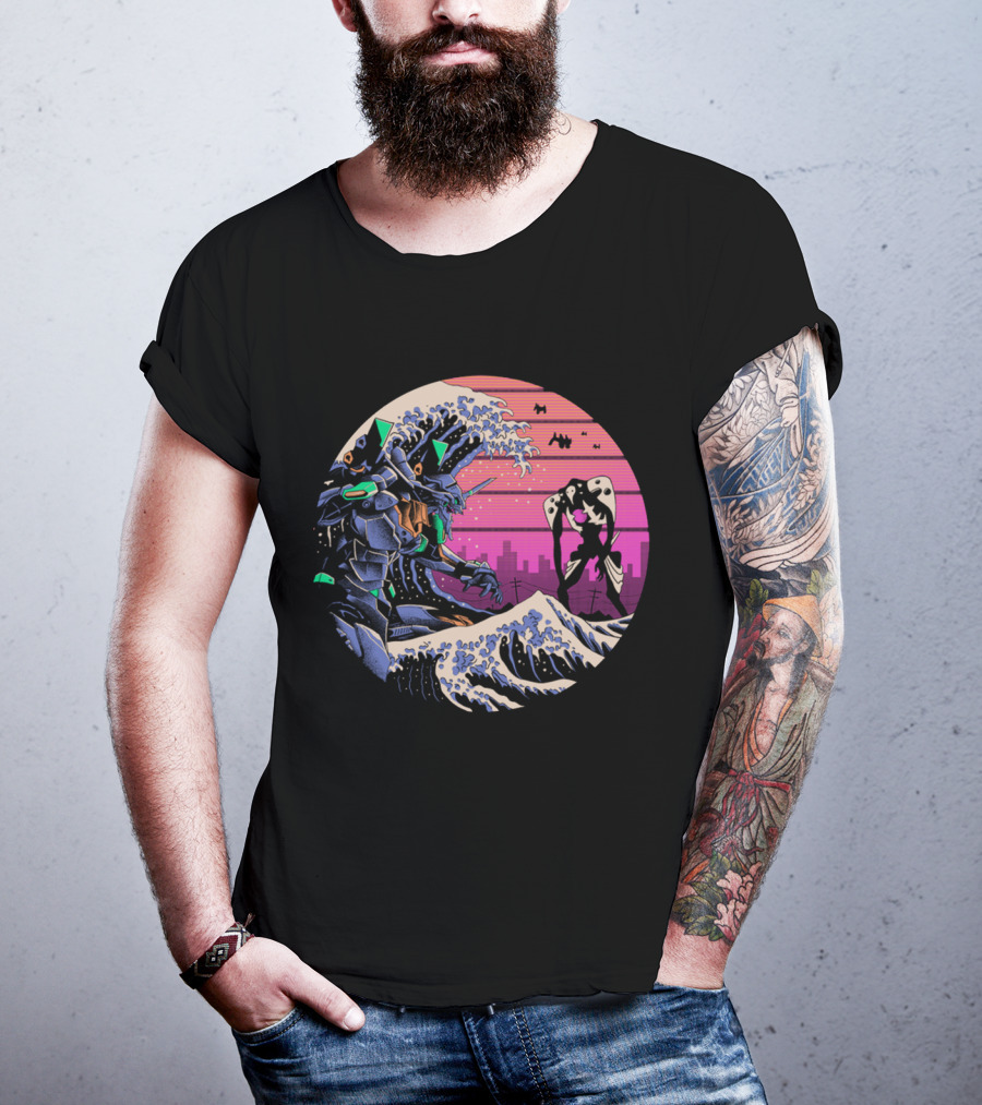 Neon Genesis Evangelion Retro Wave Style Giant Mecha Ocean Scene T-Shirt