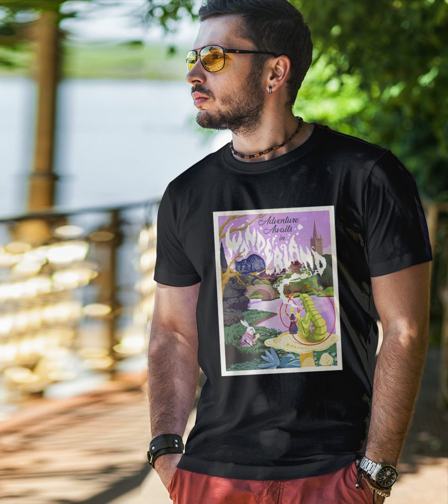 Adventure Awaits In Wonderland Cheshire Cat And Caterpillar Scene T-Shirt