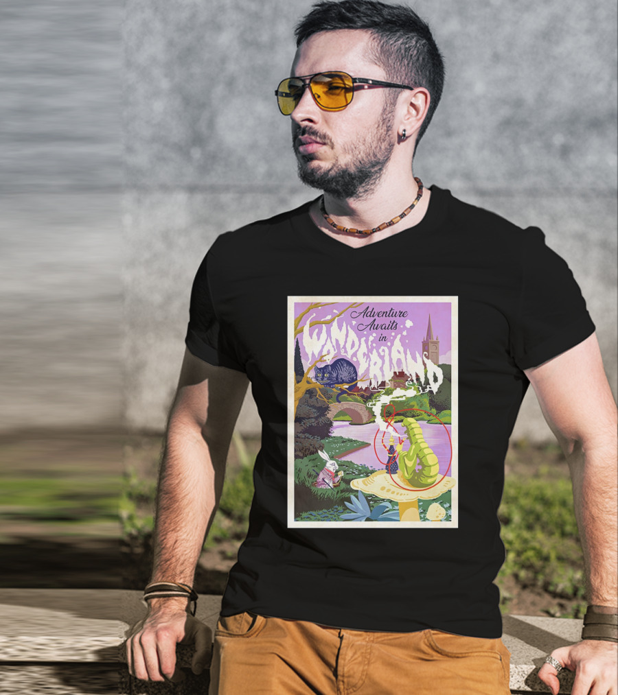 Adventure Awaits In Wonderland Cheshire Cat And Caterpillar Scene T-Shirt