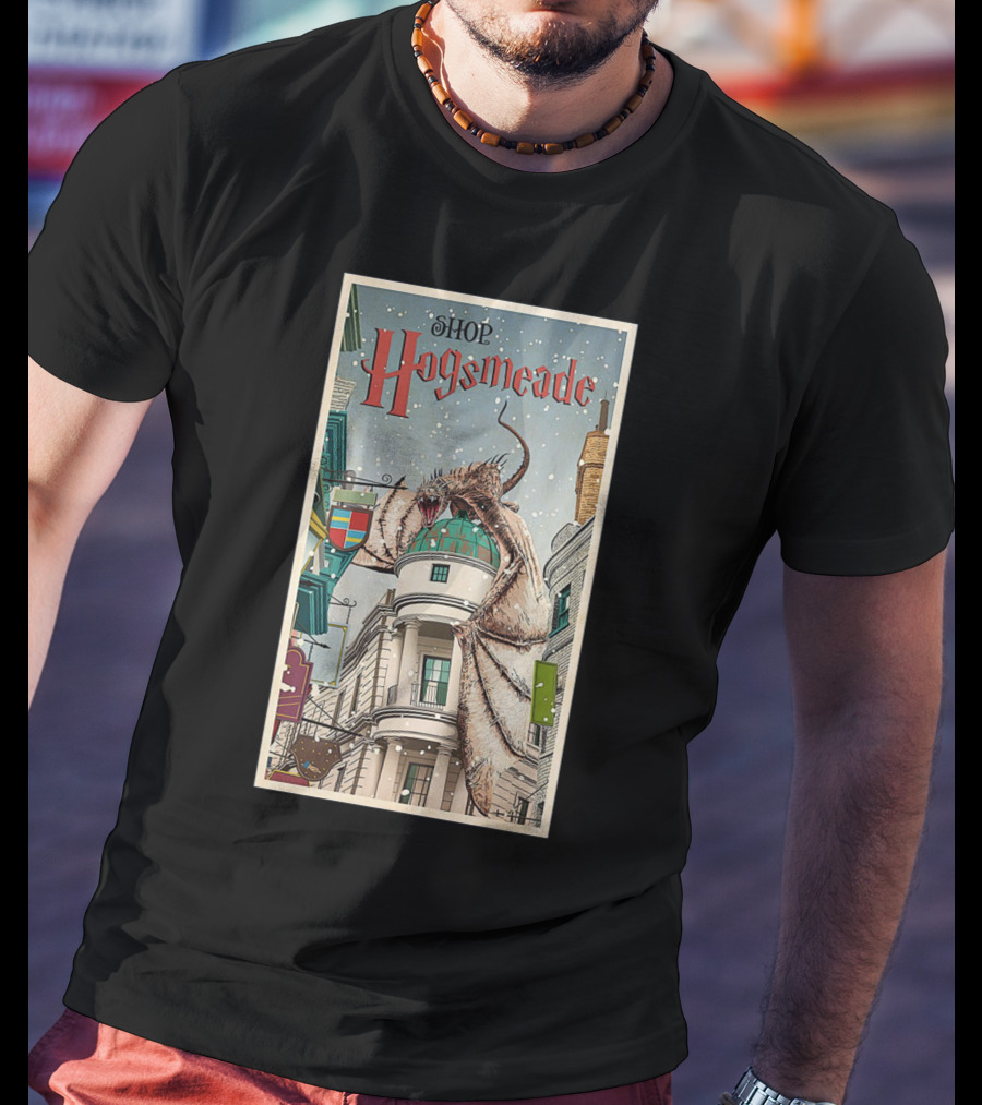Hogsmeade Shopping Adventure With Snowy Streets And Dragon-Guarded Shops T-Shirt