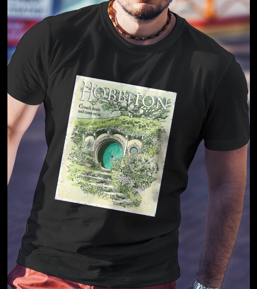Hobbiton Crouch Down And Come On In With Illustrated Green Door And Garden Path T-Shirt
