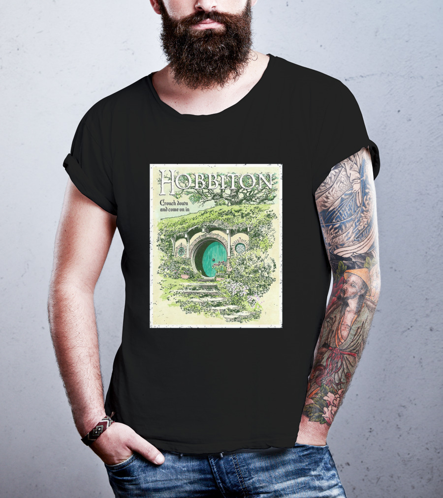 Hobbiton Crouch Down And Come On In With Illustrated Green Door And Garden Path T-Shirt