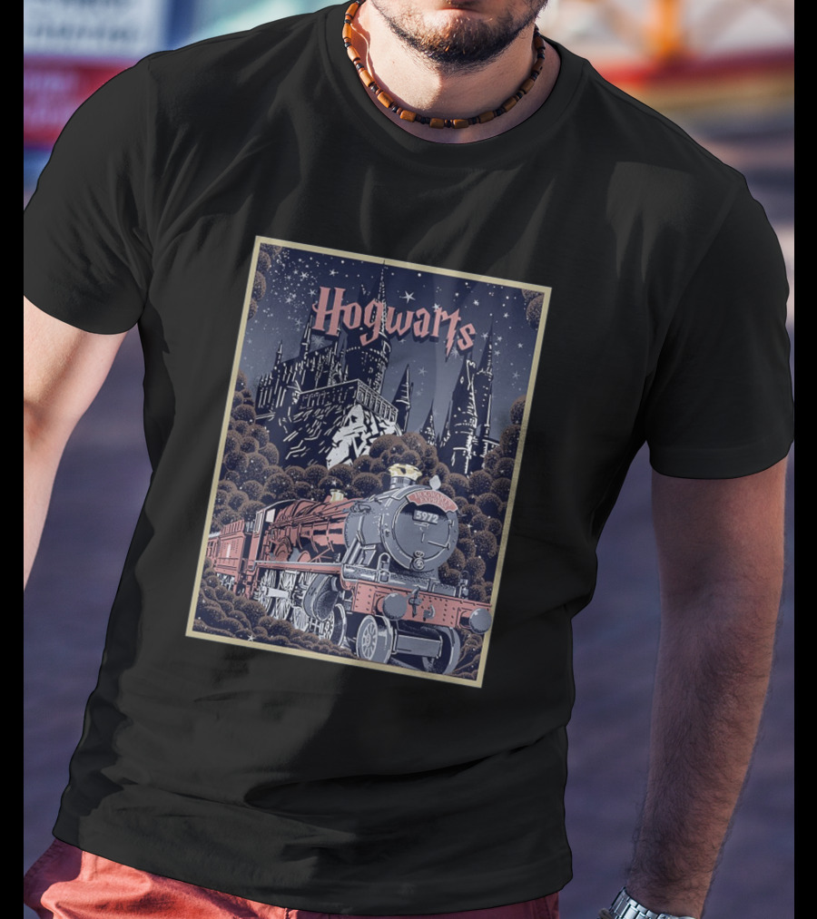Hogwarts Castle And Express Train Journey In Magical Night Scene T-Shirt