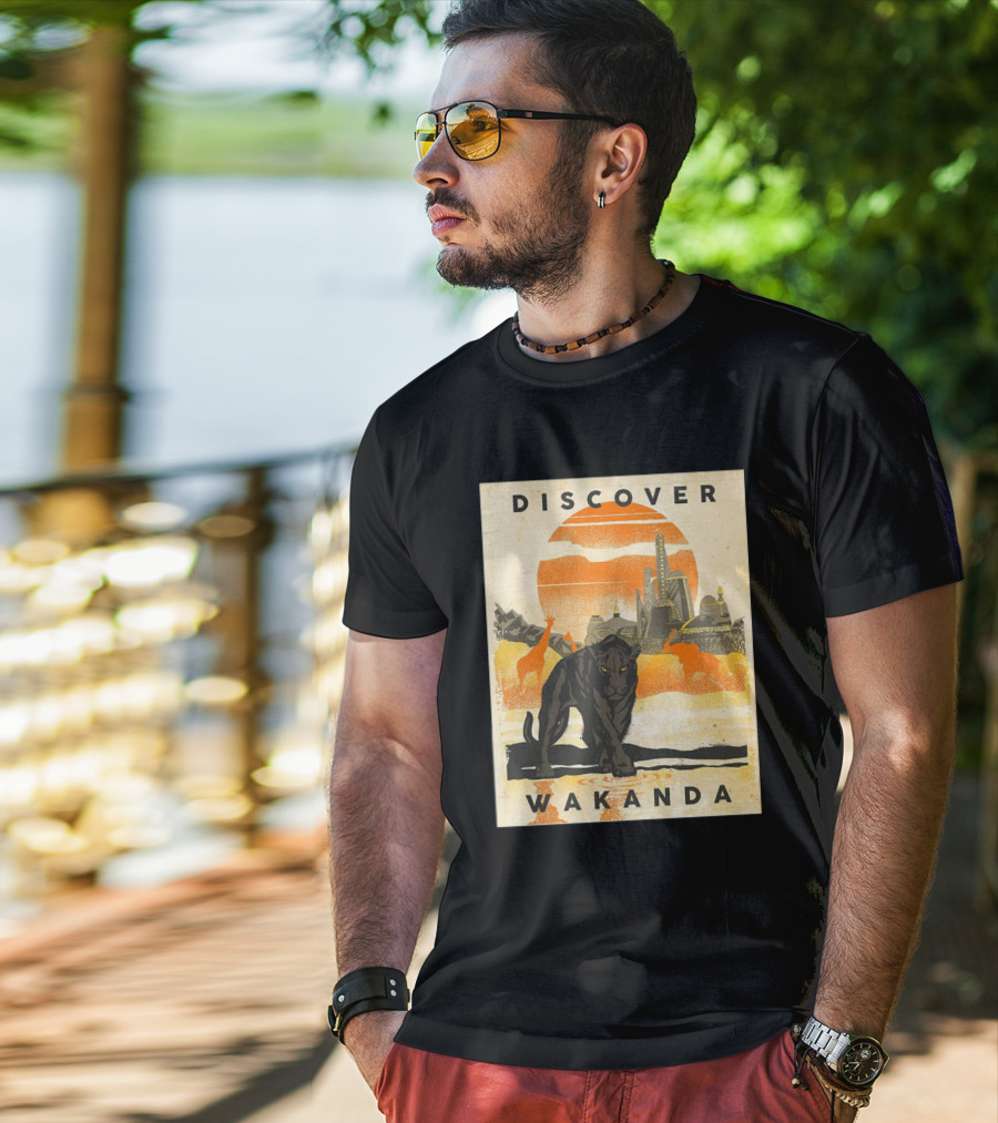 Discover Wakanda Panther And Futuristic Cityscape With Sunset T-Shirt