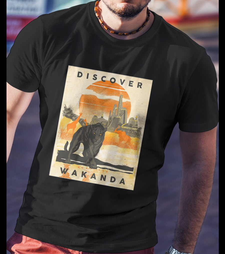 Discover Wakanda Panther And Futuristic Cityscape With Sunset T-Shirt