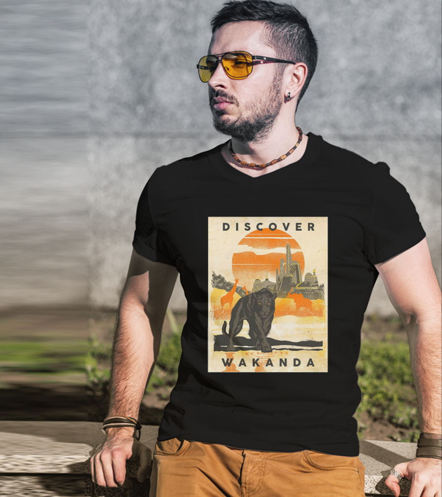 Discover Wakanda Panther And Futuristic Cityscape With Sunset T-Shirt