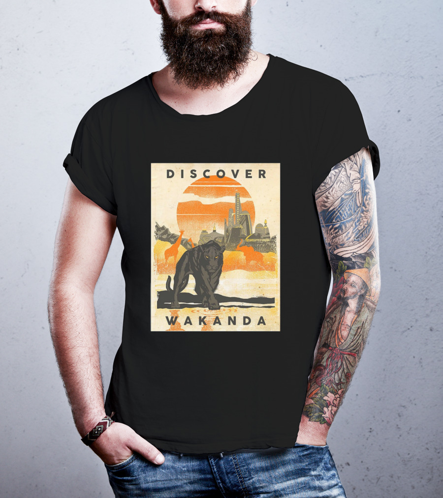 Discover Wakanda Panther And Futuristic Cityscape With Sunset T-Shirt