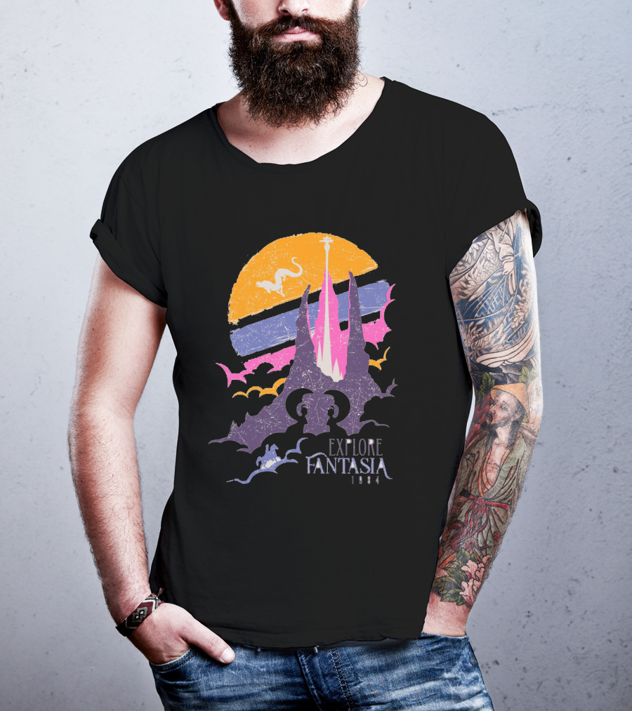 Explore Fantasia 1984 Vintage Adventure Sunset Magic Realms T-Shirt
