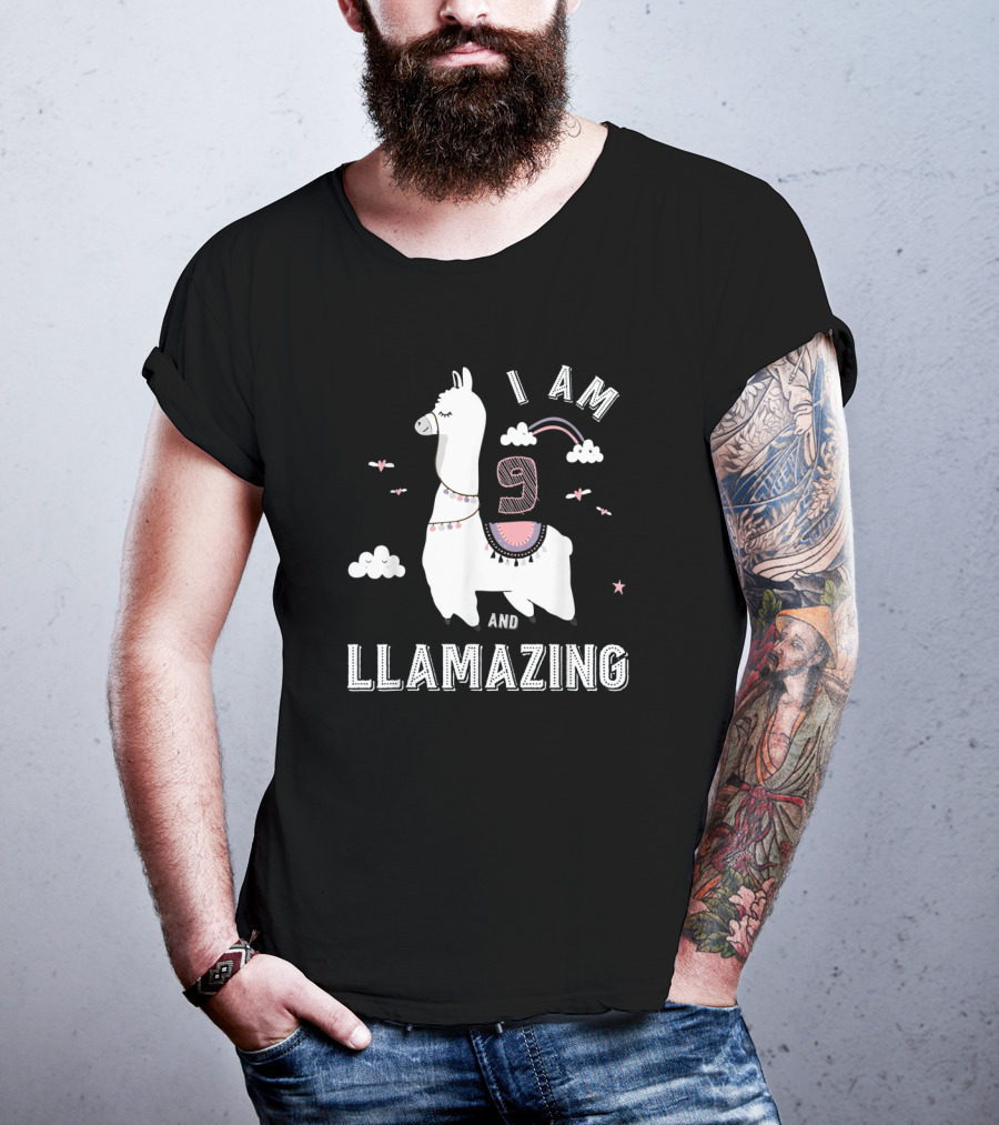 I Am 9 And Llamazing Funny Llama Cloud Birthday T-Shirt