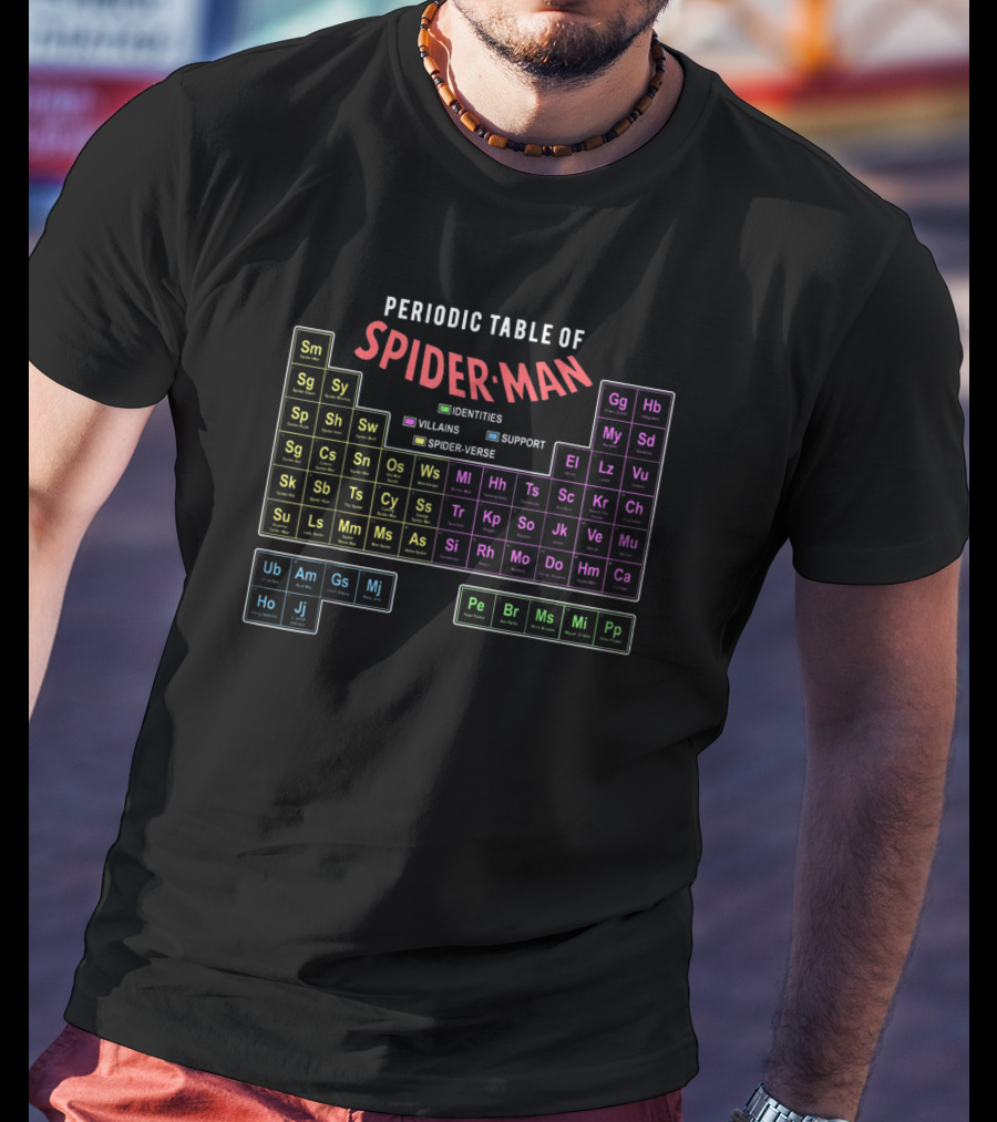 Periodic Table Of Spider-Man Identities Villains Support Spider-Verse T-Shirt