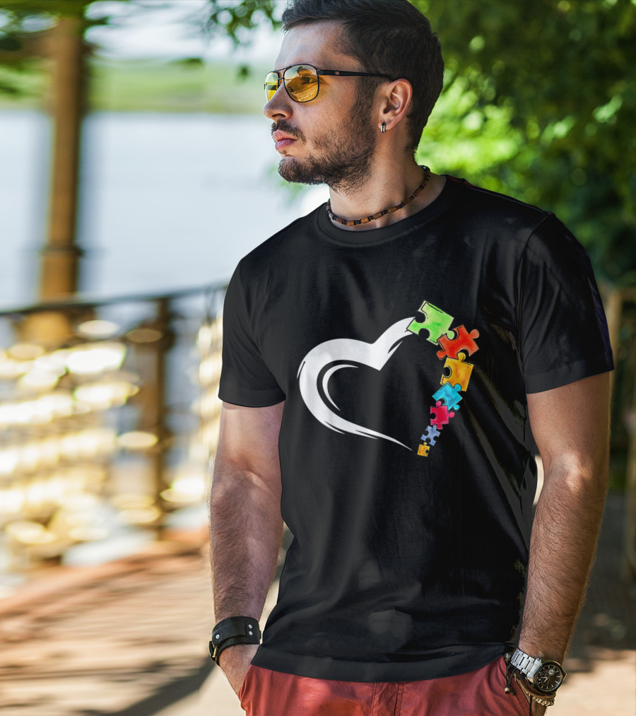 Autism Awareness Heart And Colorful Puzzle Pieces Love Kind T-Shirt