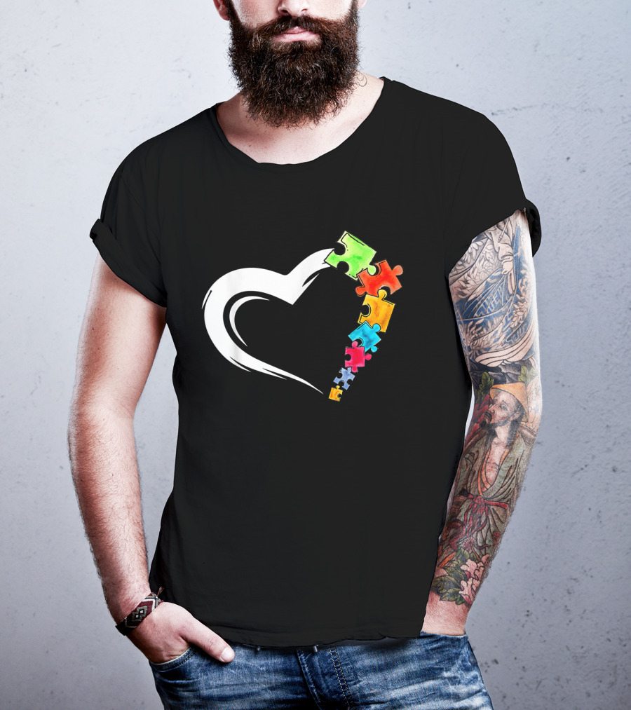 Autism Awareness Heart And Colorful Puzzle Pieces Love Kind T-Shirt