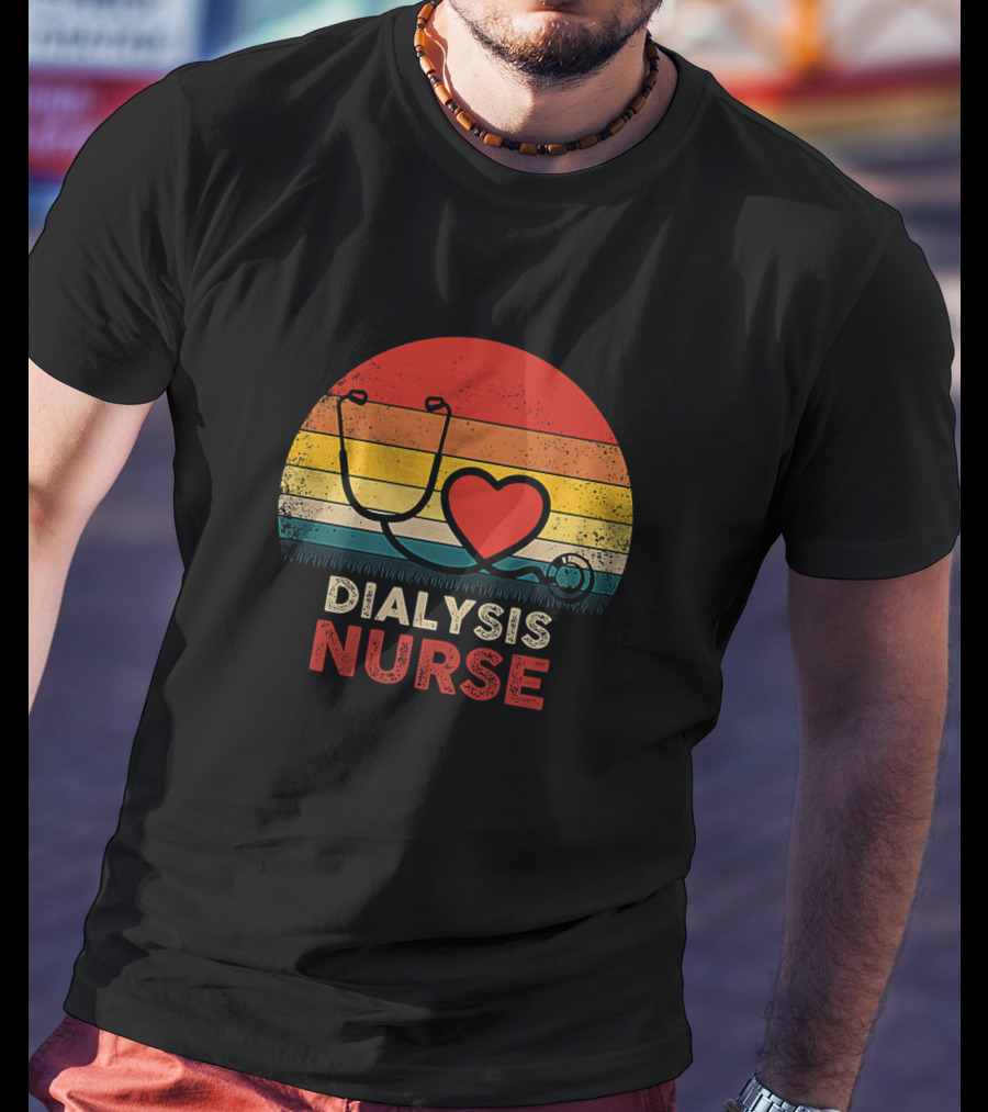 Dialysis Nurse Vintage Heart Stethoscope Sunset Stripes T-Shirt