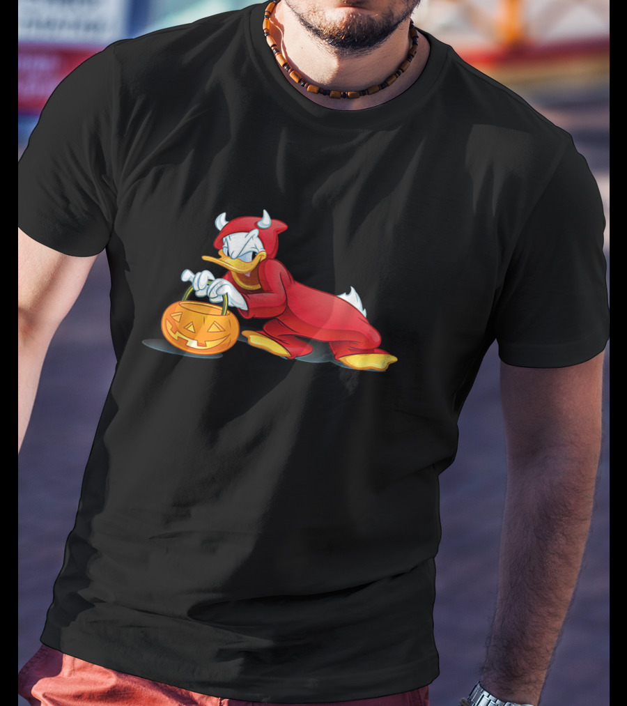Donald Duck Devil Halloween Costume With Pumpkin Basket T-Shirt