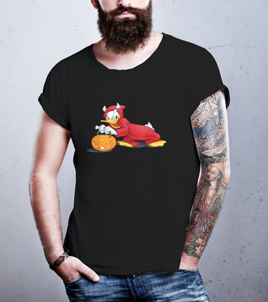 Donald Duck Devil Halloween Costume With Pumpkin Basket T-Shirt