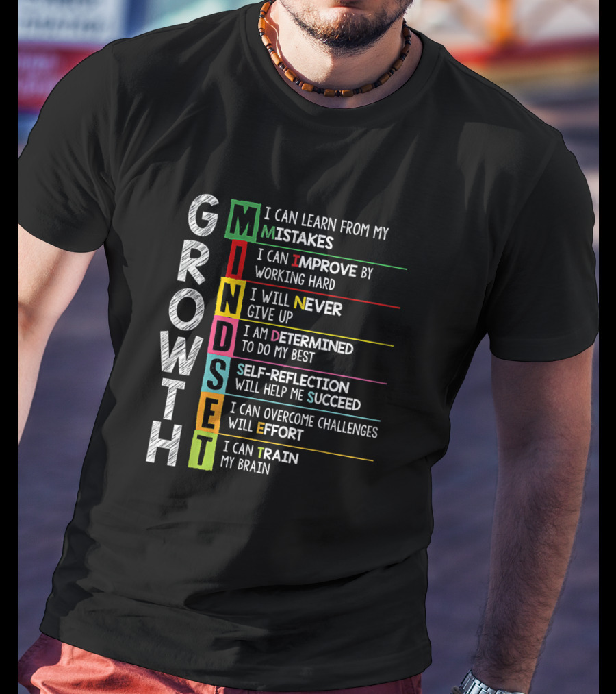 Growth Mindset Mistakes Improve Hard Work Never Give Up Determined Self Reflection Succeed Overcome Challenges Train Brain T-Shirt