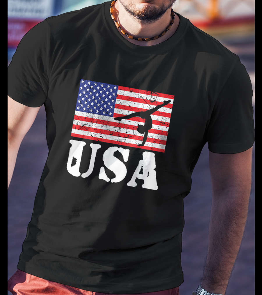Distressed USA Flag Gymnastics Vintage Tumbling American Flag T-Shirt