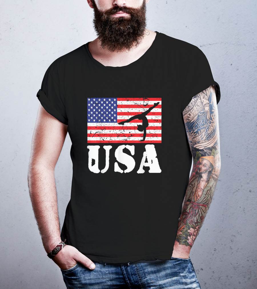 Distressed USA Flag Gymnastics Vintage Tumbling American Flag T-Shirt