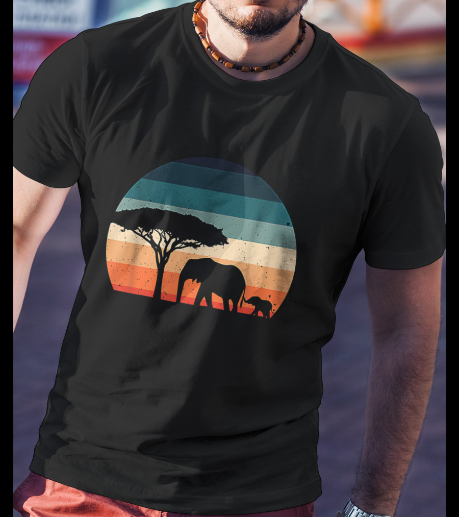 Elephant And Acacia Tree Silhouette Against Striped Vintage Sunset T-Shirt