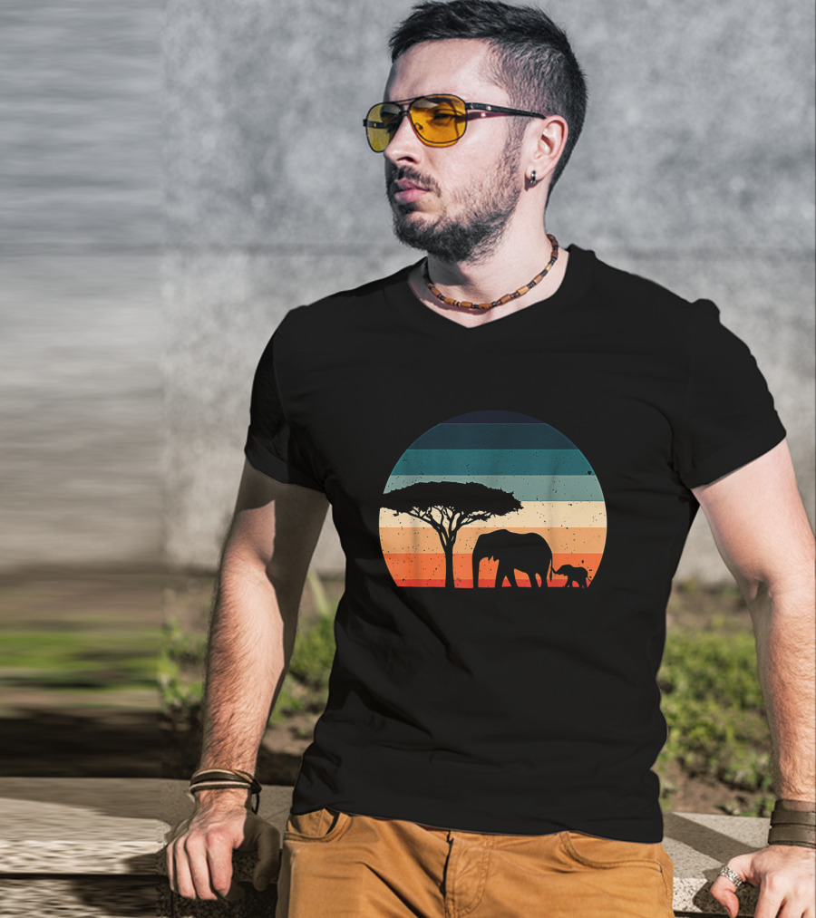 Elephant And Acacia Tree Silhouette Against Striped Vintage Sunset T-Shirt