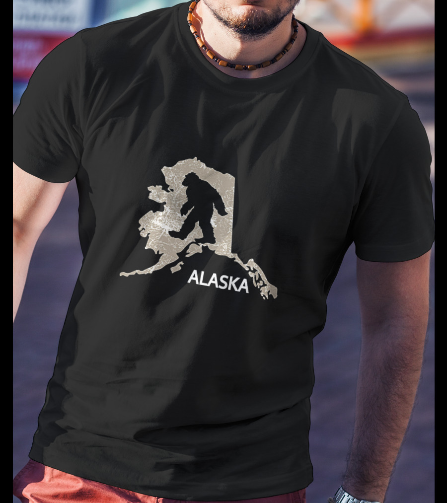 Bigfoot Silhouette Over Map Of Alaska I Believe Loves AK Sasquatch T-Shirt