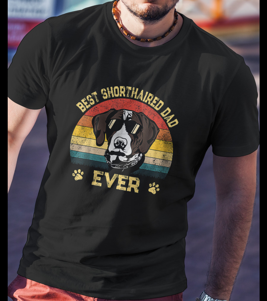 Best Shorthaired Dad Ever Retro Dog With Sunglasses And Paw Prints T-Shirt