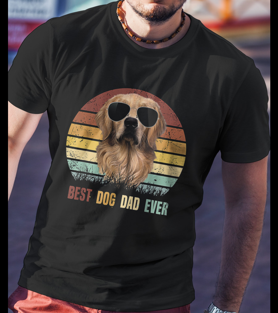 Golden Retriever With Sunglasses Best Dog Dad Ever Vintage Stripes T-Shirt