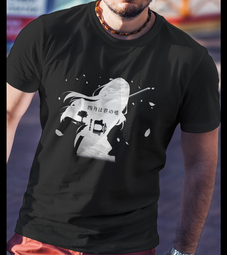 Your Lie In April Anime Piano And Violin Silhouette With Tree And Clouds T-Shirt