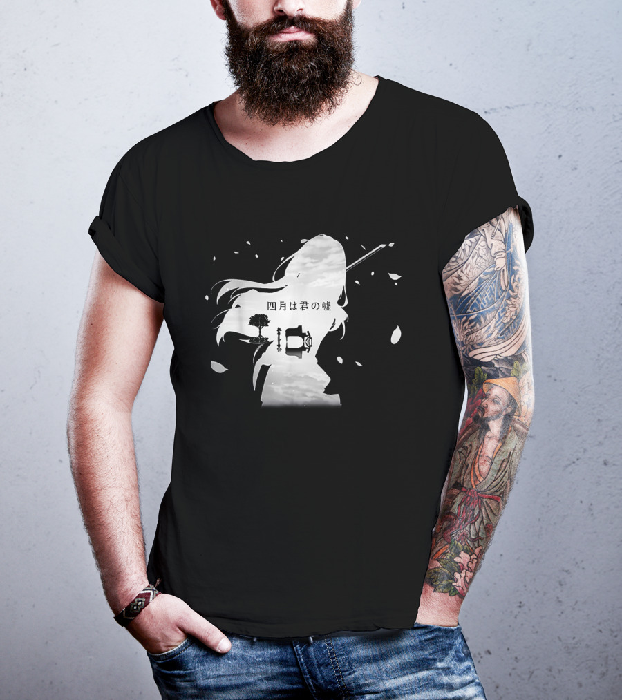 Your Lie In April Anime Piano And Violin Silhouette With Tree And Clouds T-Shirt