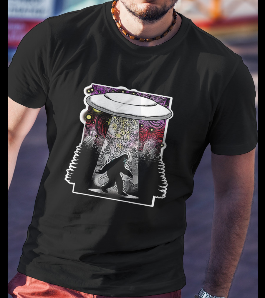 Extraterrestrial Flying Saucer Abducting Sasquatch In Psychedelic Forest Scene T-Shirt