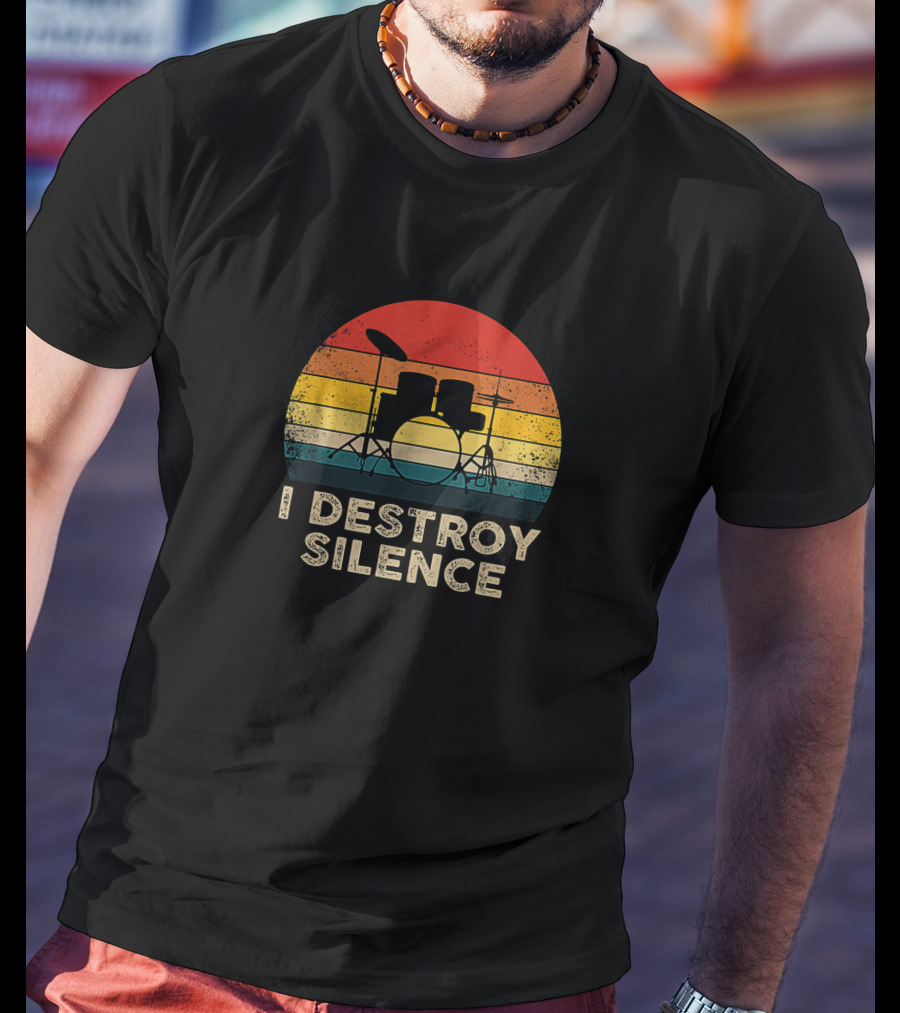 Vintage Drum Set Silhouette I Destroy Silence Drummer Retro Sunset Stripes T-Shirt