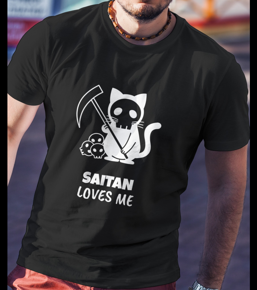 Saitan Katze Loves Me Cartoon Grim Reaper Skull 666 Der Tod T-Shirt