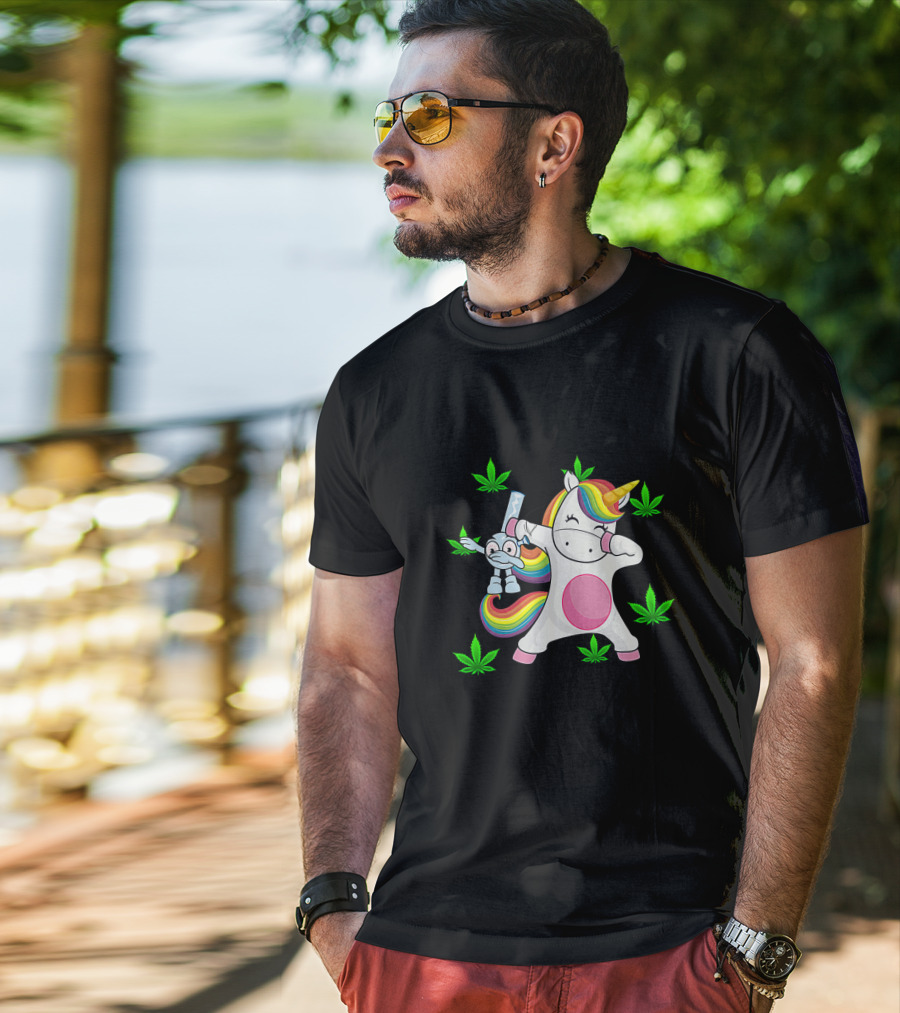 Unicorn Dab With Rainbow Bong Surrounded By Marijuana Leaves T-Shirt