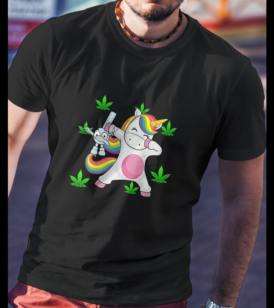 Unicorn Dab With Rainbow Bong Surrounded By Marijuana Leaves T-Shirt