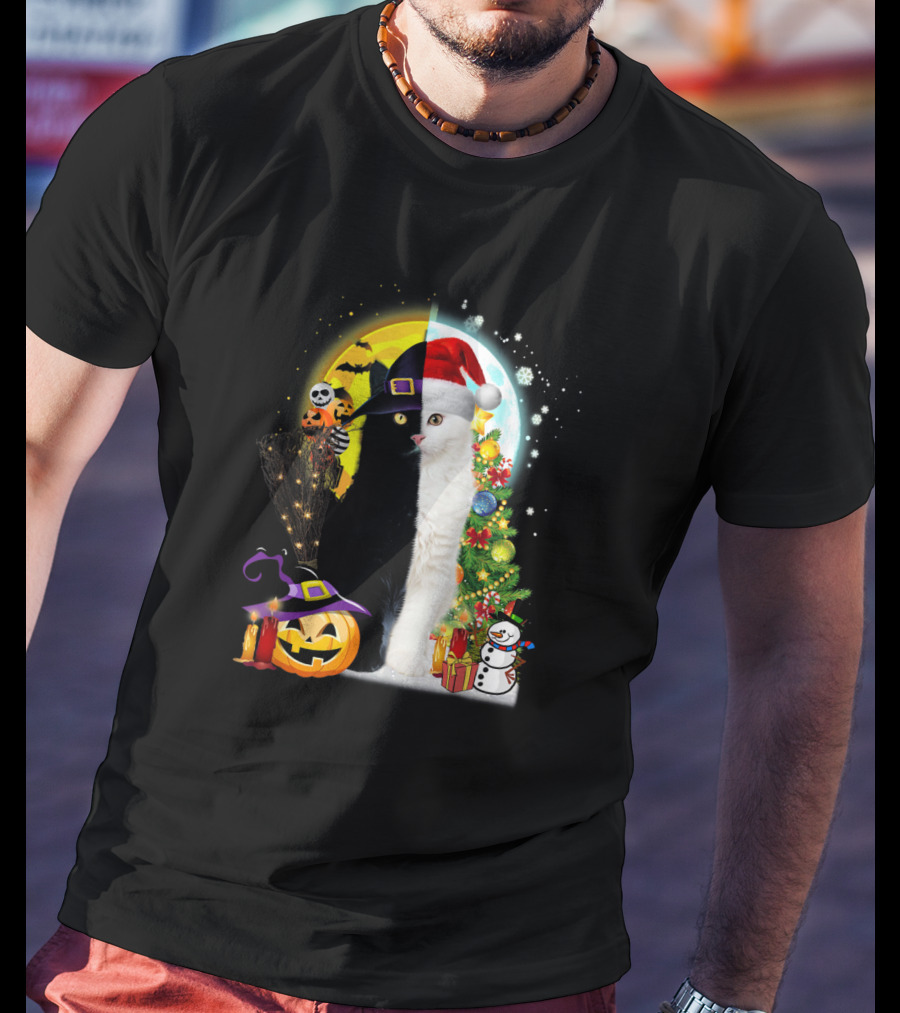 Black And White Cat Halloween Pumpkin Witch Hat And Merry Christmas Tree Santa Hat Snowman T-Shirt