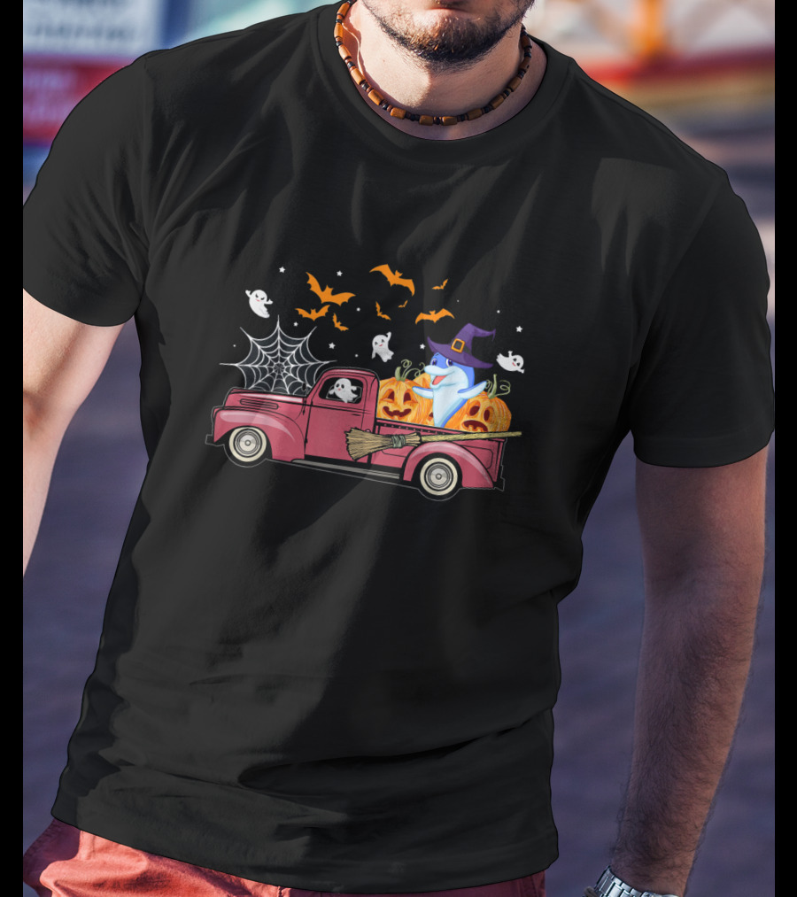 Halloween Ghost Dolphin Riding Red Truck With Pumpkins And Witch Hat T-Shirt