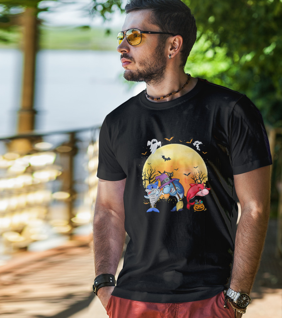 Halloween Dolphins: Mummy, Witch, And Devil With Ghosts And Bats T-Shirt