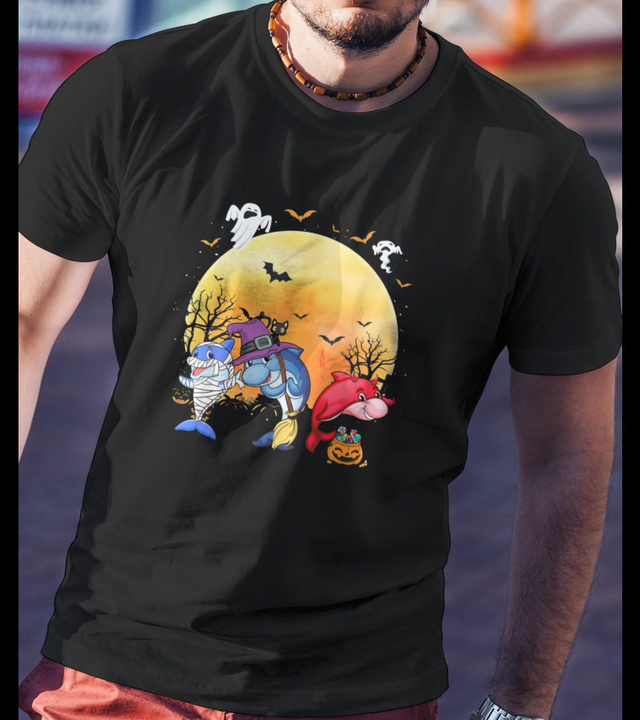 Halloween Dolphins: Mummy, Witch, And Devil With Ghosts And Bats T-Shirt