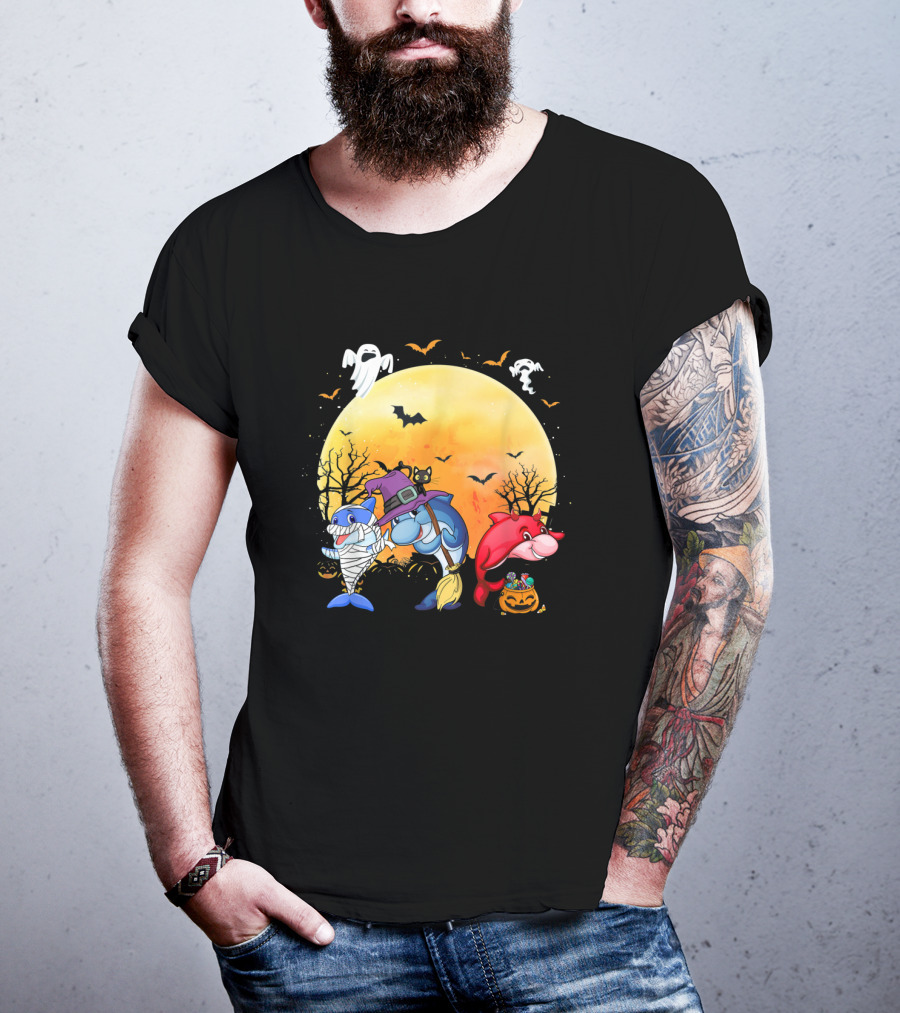 Halloween Dolphins: Mummy, Witch, And Devil With Ghosts And Bats T-Shirt