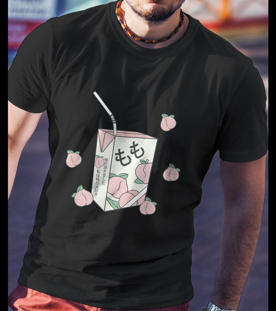 90s Japanese Aesthetic Otaku Anime Peach Juice Box With Kanji And Pastel Peaches T-Shirt