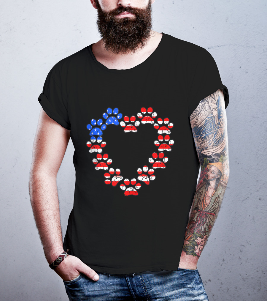 USA Flag Cat Dog Paw Prints Heart Animal Lover Patriotic Emblem T-Shirt