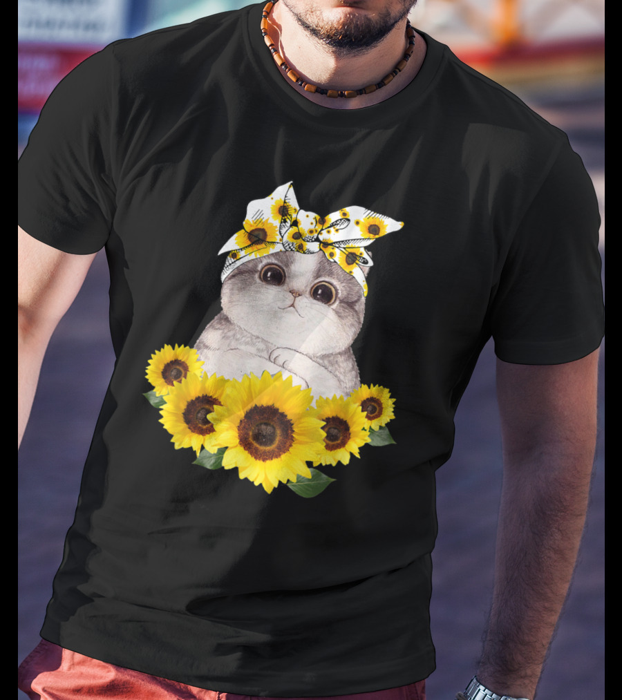 Sunflower Cat Headband Adorable Cats Lovers T-Shirt