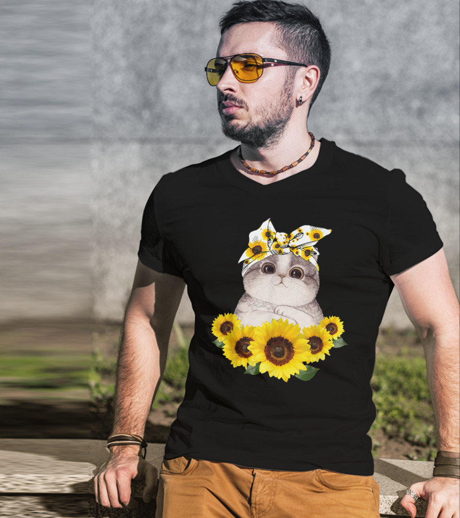 Sunflower Cat Headband Adorable Cats Lovers T-Shirt