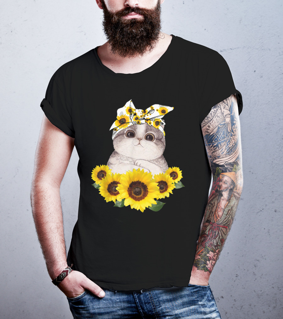 Sunflower Cat Headband Adorable Cats Lovers T-Shirt